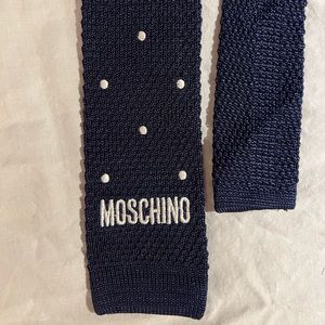 Moschino Navy Blue Knit Tie with White Dots